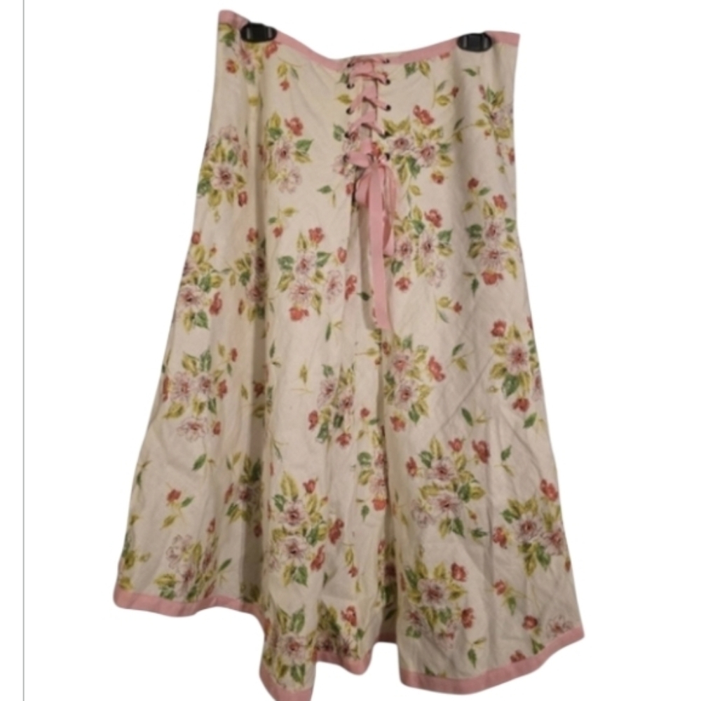 Sundance Cream Floral Midi Skirt with Pink Lace-Up Detail